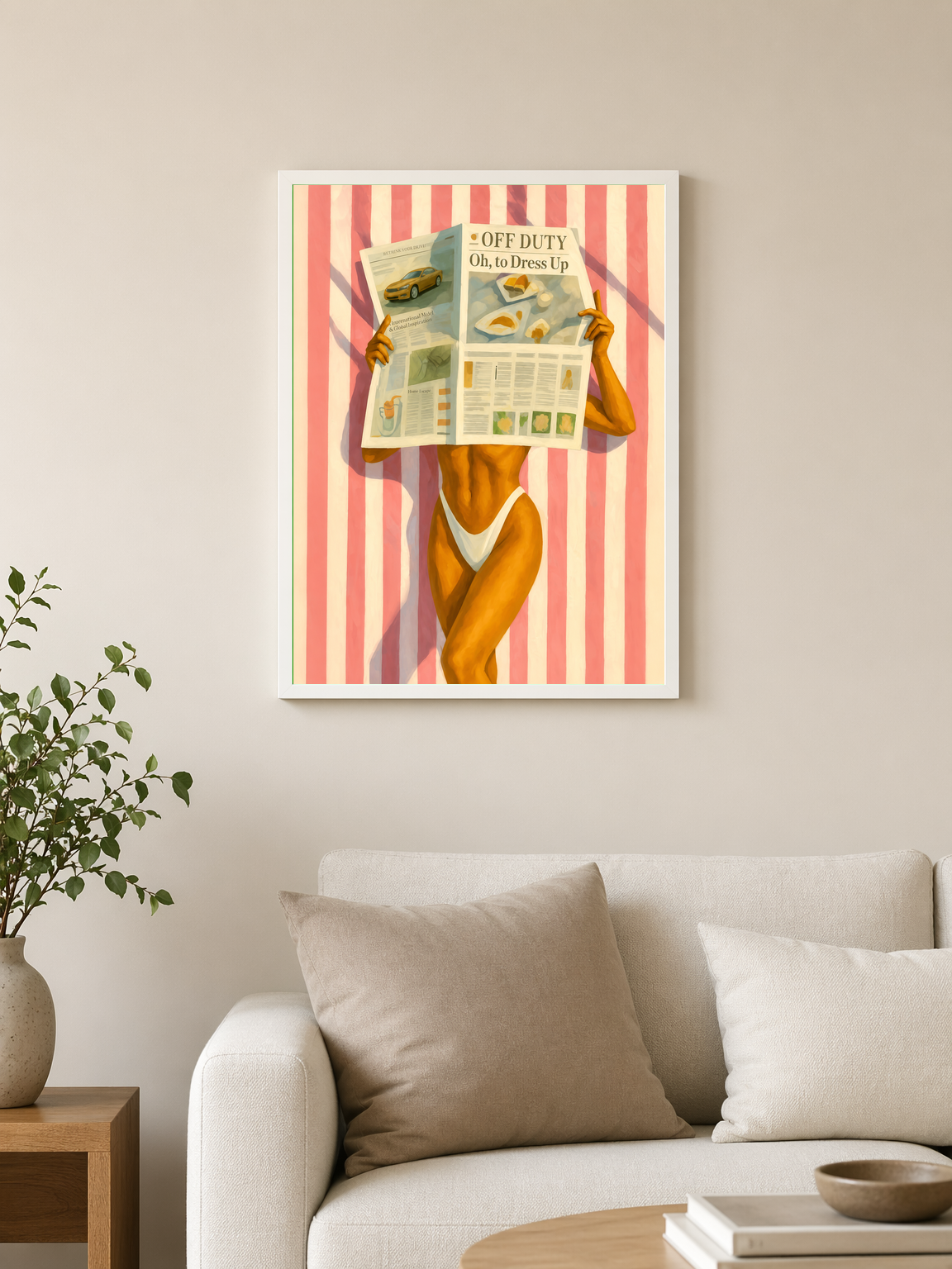 Off Duty Striped Beach Wall Art Print - white framed