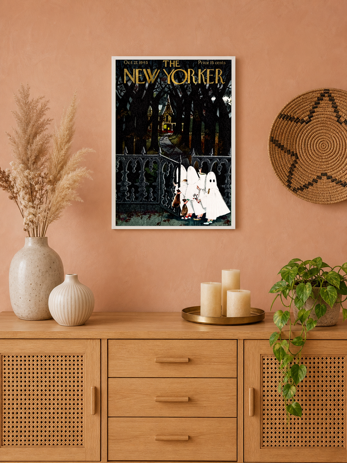 Vintage New Yorker Halloween Wall Art Print - white framed