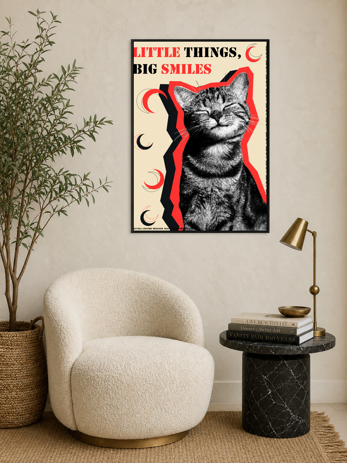 Little Things Big Smiles Cat Wall Art Print - black framed