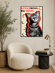 Little Things Big Smiles Cat Wall Art Print - black framed
