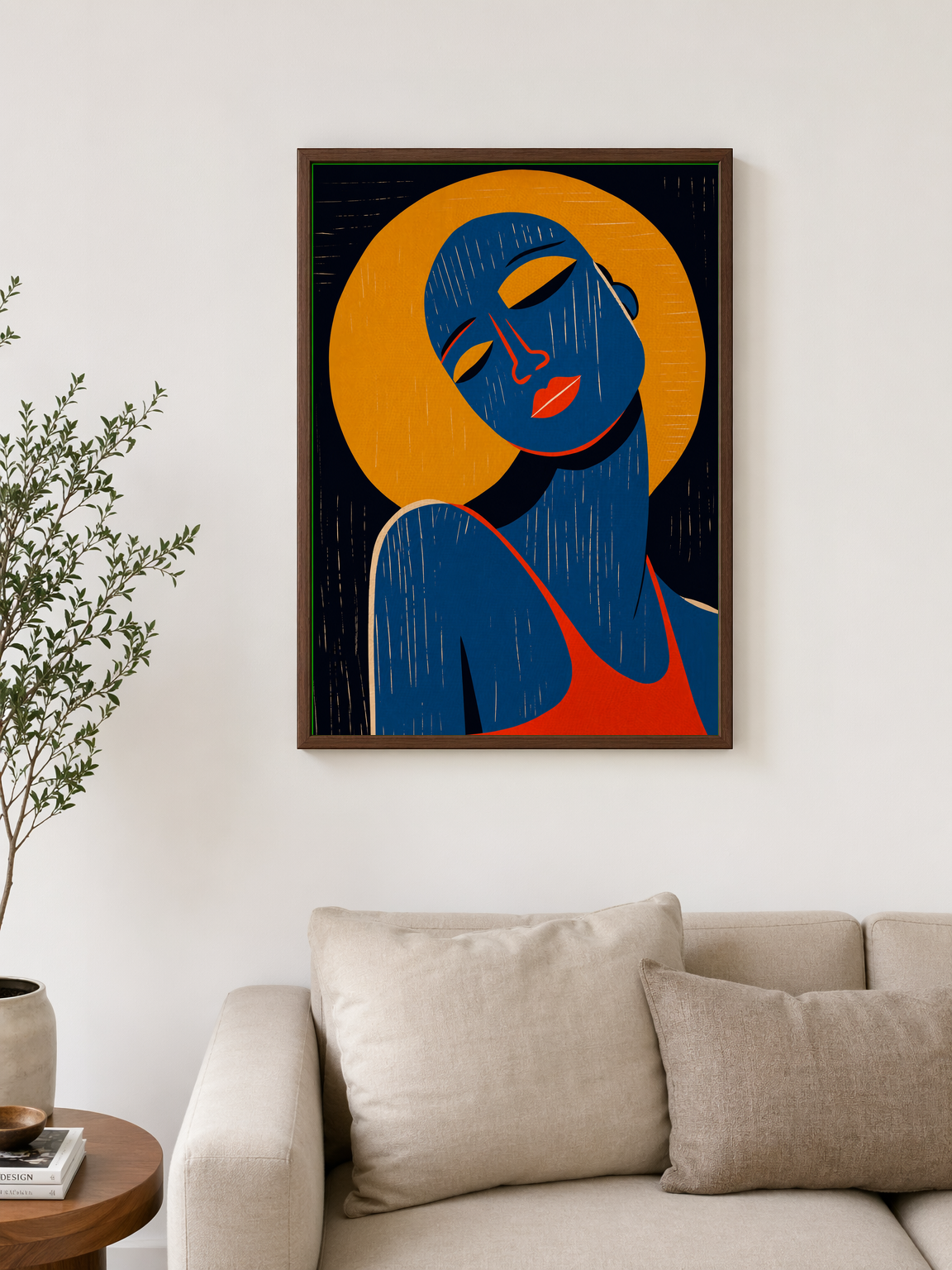 Modern Abstract Portrait Wall Art Print - dark wood framed