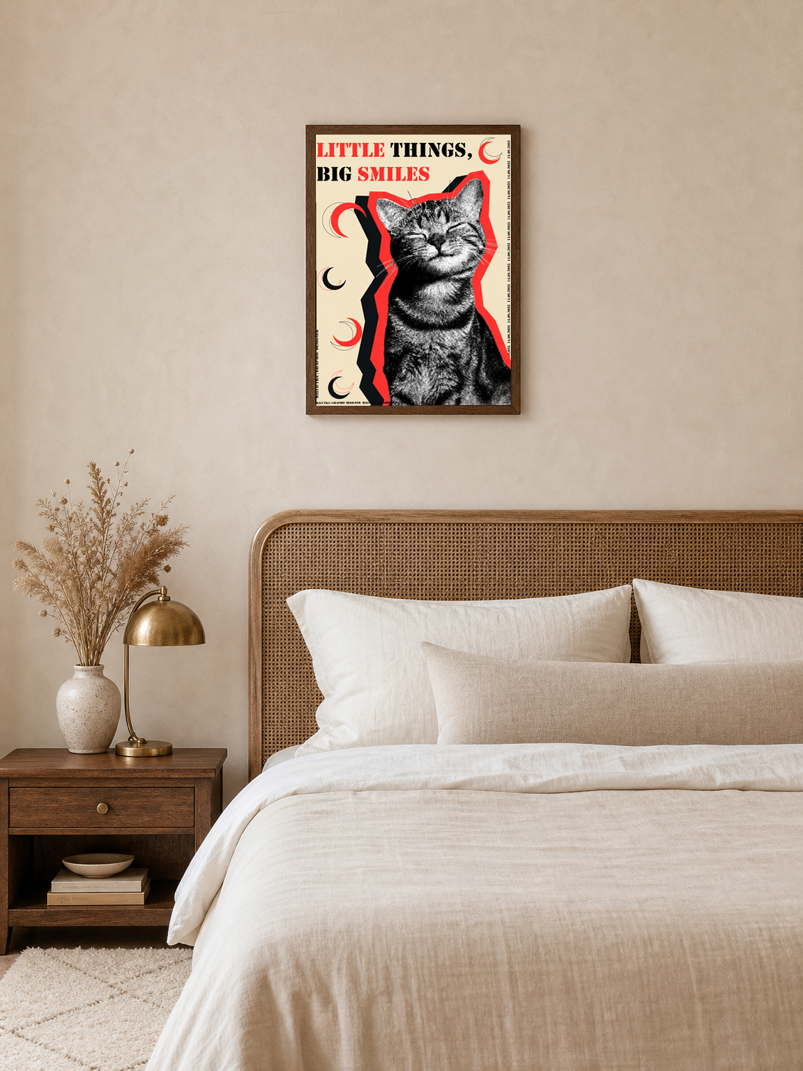 Little Things Big Smiles Cat Wall Art Print - dark wood framed
