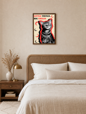 Little Things Big Smiles Cat Wall Art Print - dark wood framed