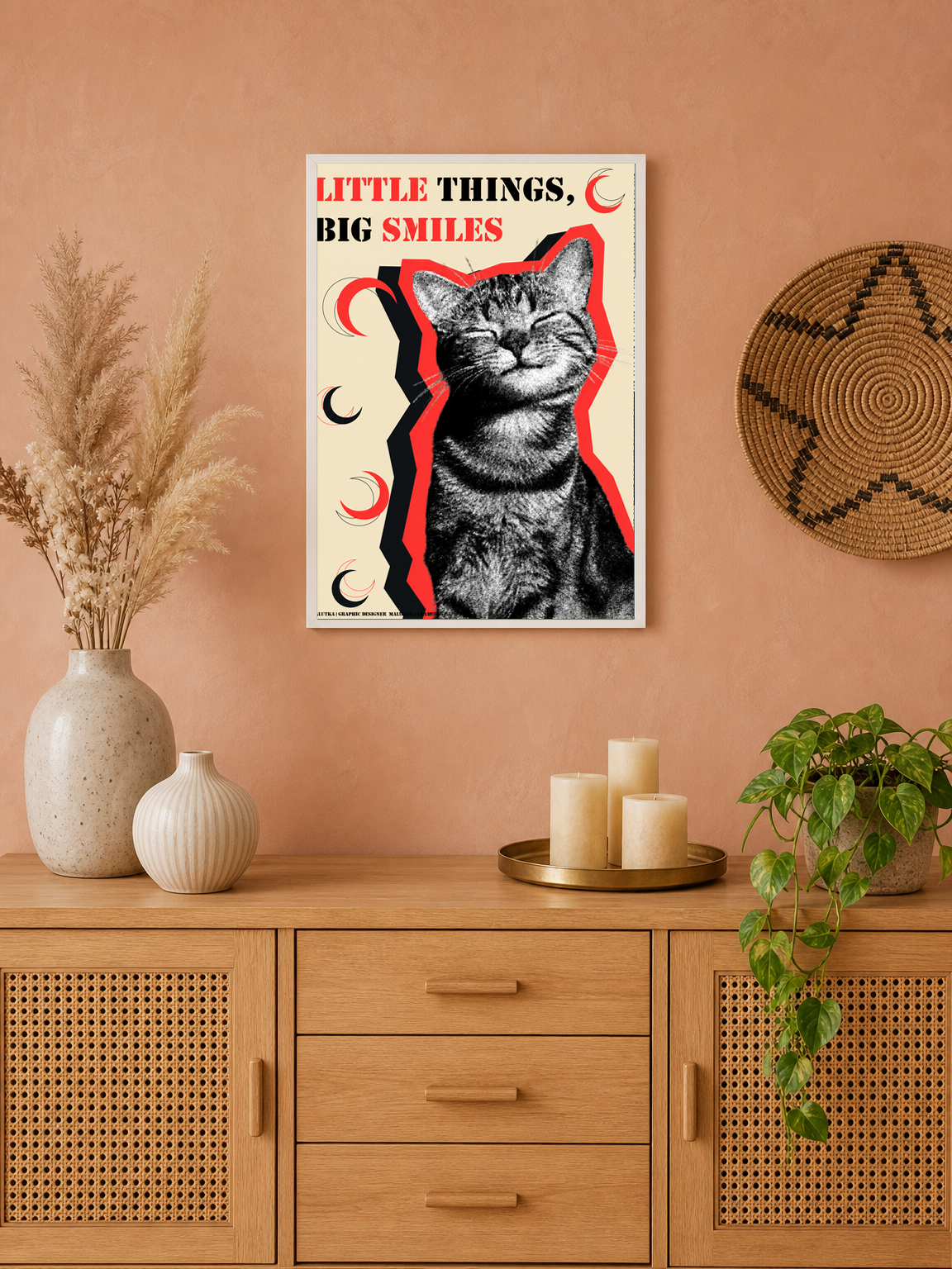 Little Things Big Smiles Cat Wall Art Print - white framed