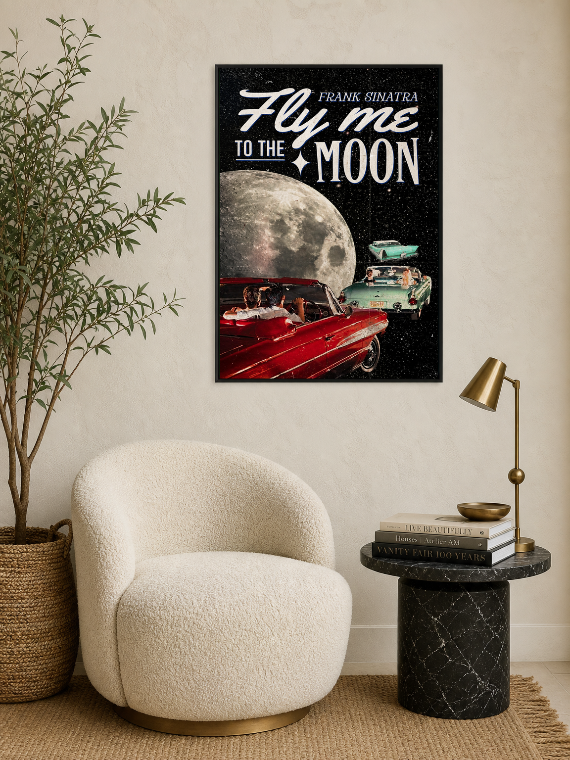 Fly Me To The Moon Retro Car Wall Art Print - black framed