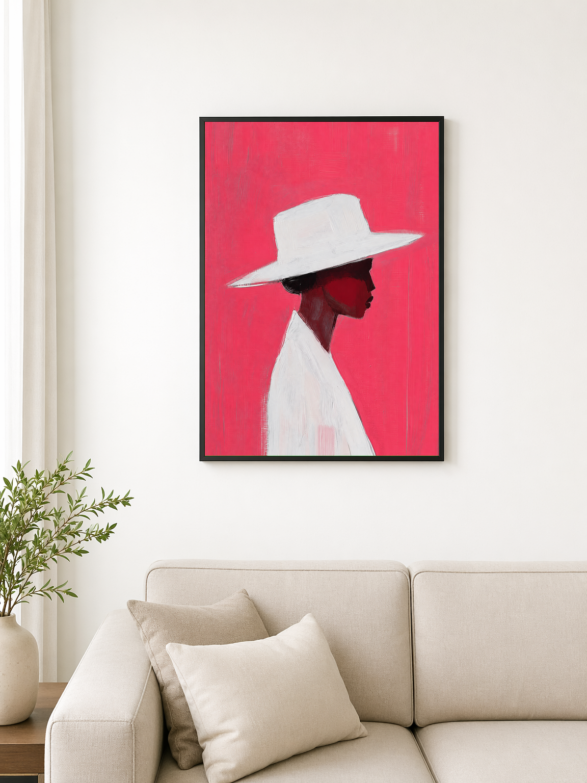 Minimalist Woman in White Hat Wall Art Print - black framed