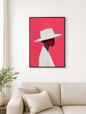 Minimalist Woman in White Hat Wall Art Print - black framed