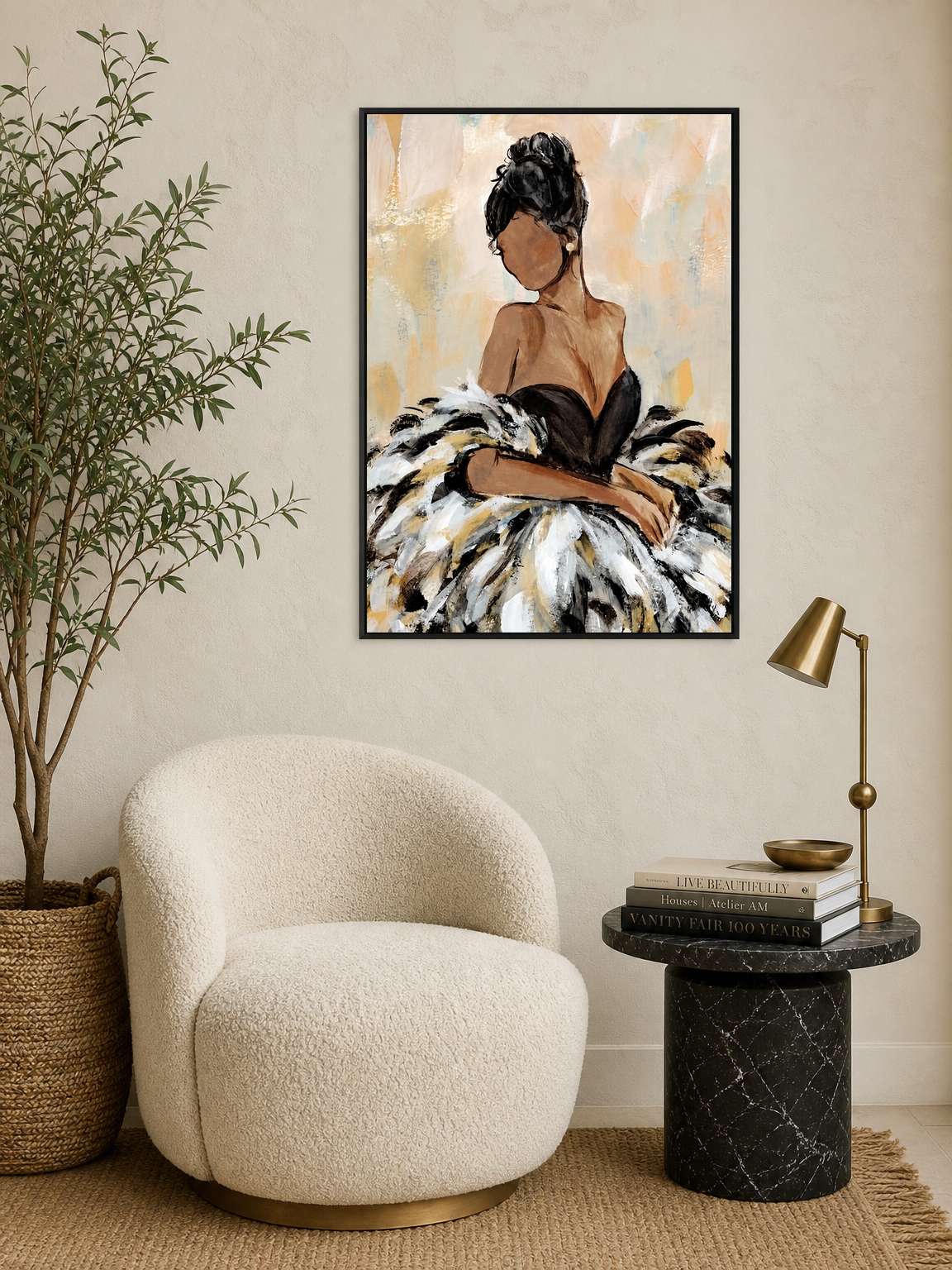 Elegant Feather Gown Fashion Wall Art Print - black framed