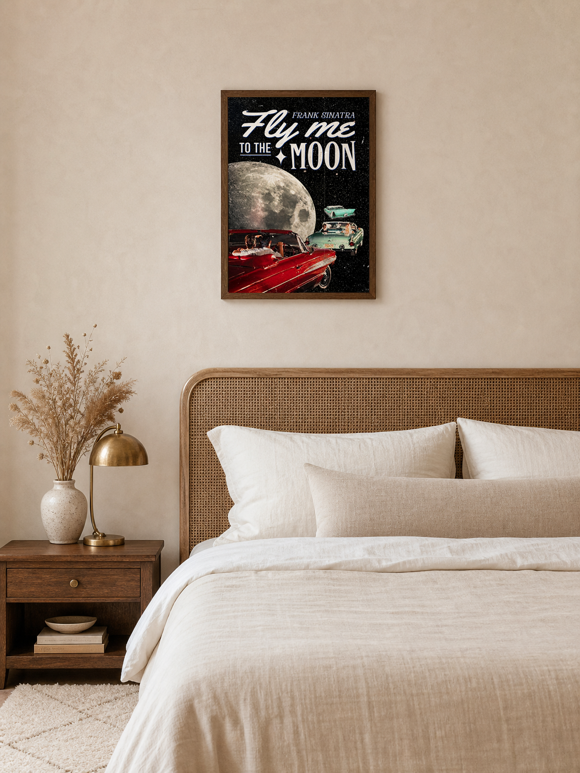 Fly Me To The Moon Retro Car Wall Art Print - dark wood framed