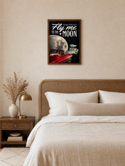 Fly Me To The Moon Retro Car Wall Art Print - dark wood framed