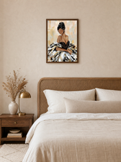 Elegant Feather Gown Fashion Wall Art Print - dark wood framed