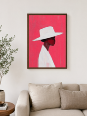 Minimalist Woman in White Hat Wall Art Print - dark wood framed