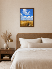 Golden Wheat Field Sky Landscape Wall Art Print - dark wood framed