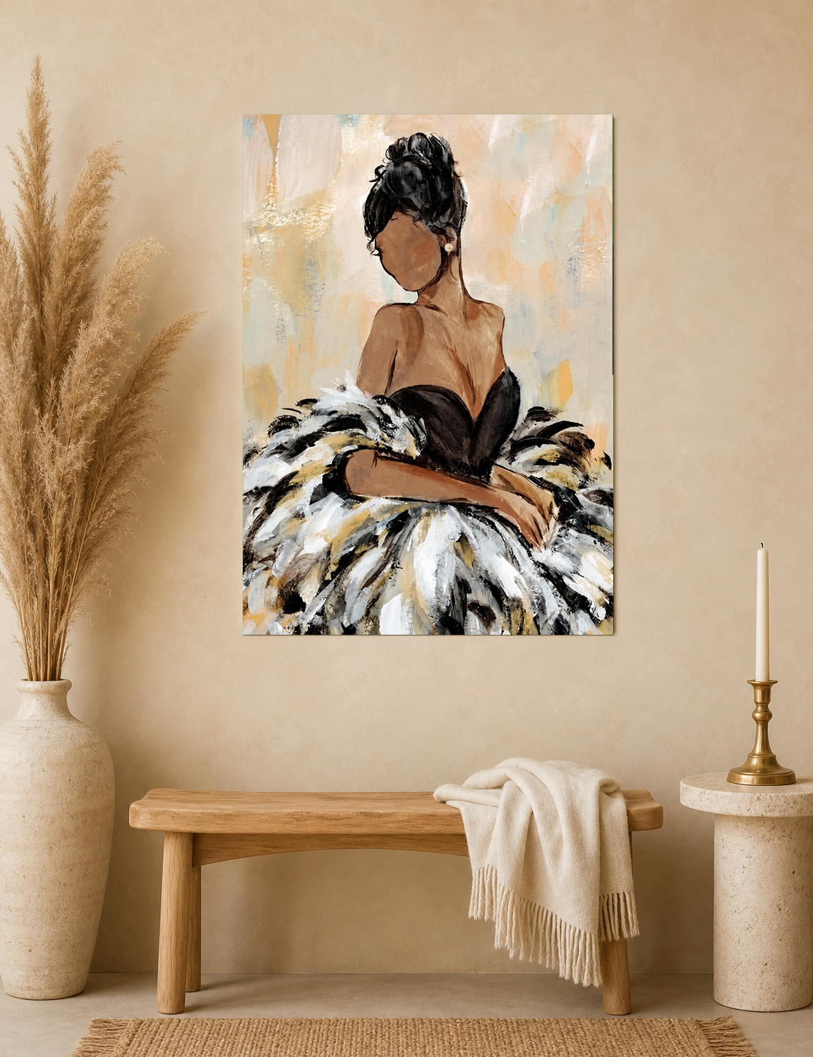 Elegant Feather Gown Fashion Wall Art Print - unframed mockup