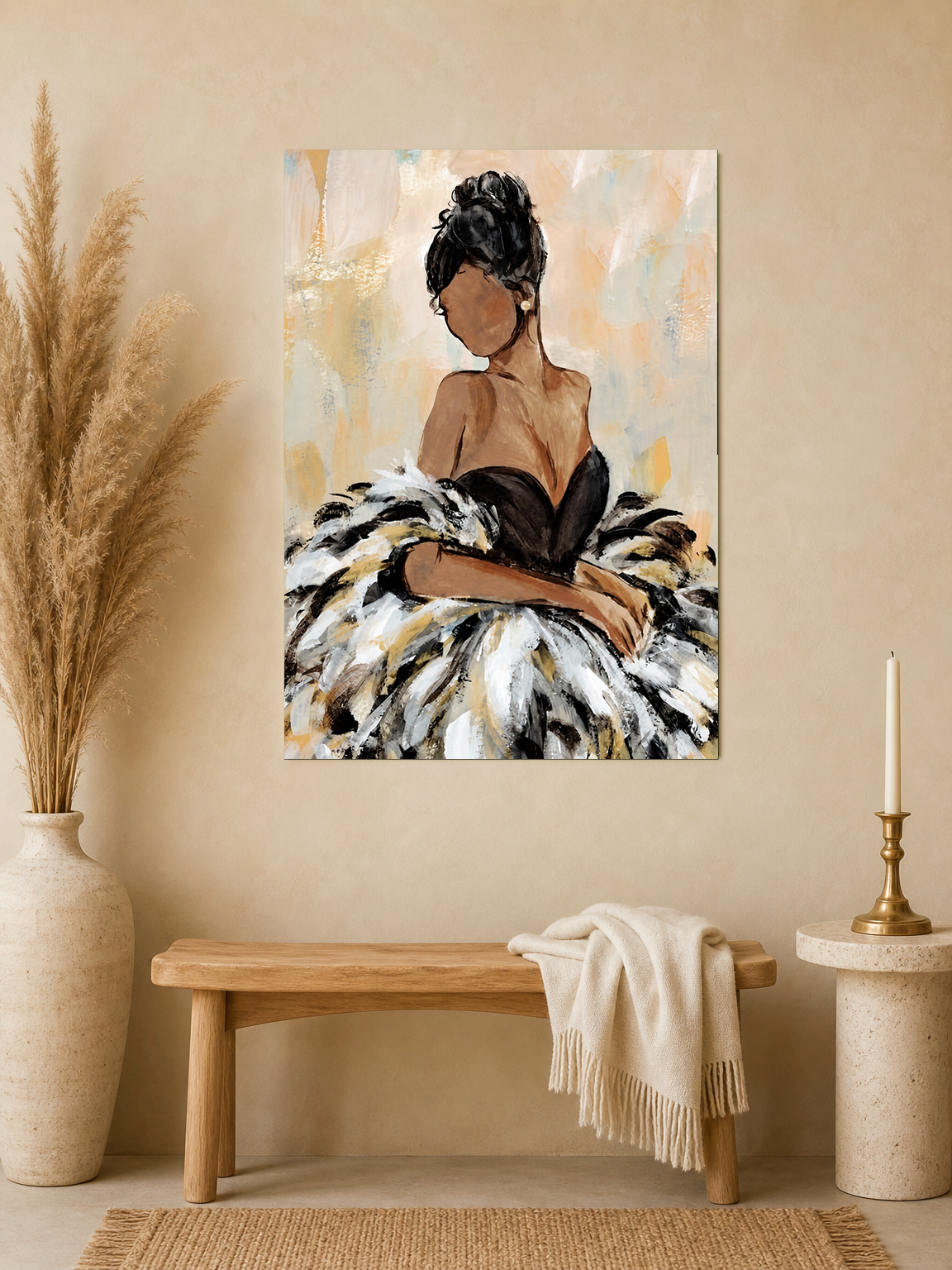 Elegant Feather Gown Fashion Wall Art Print - unframed mockup
