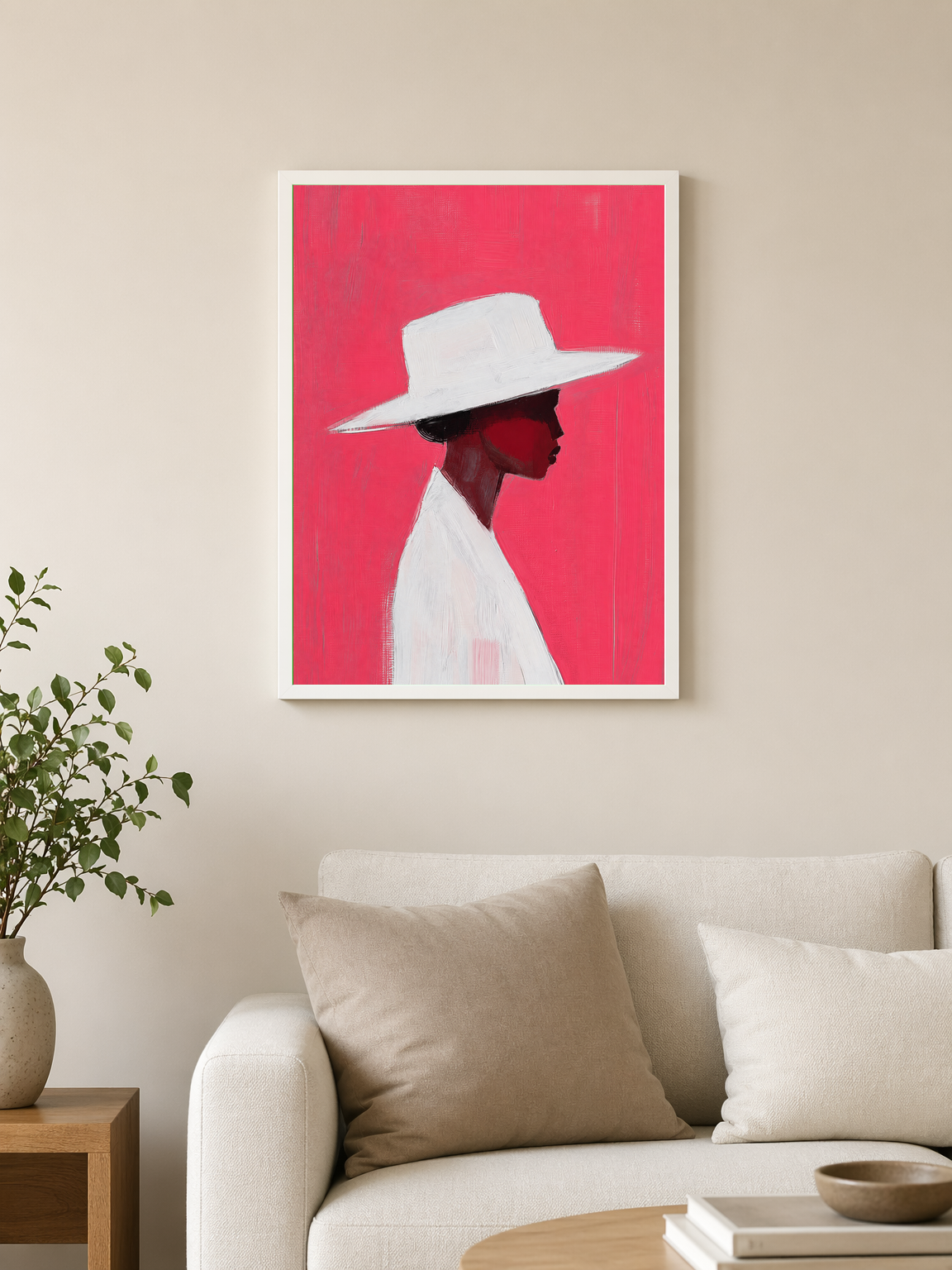 Minimalist Woman in White Hat Wall Art Print - white framed