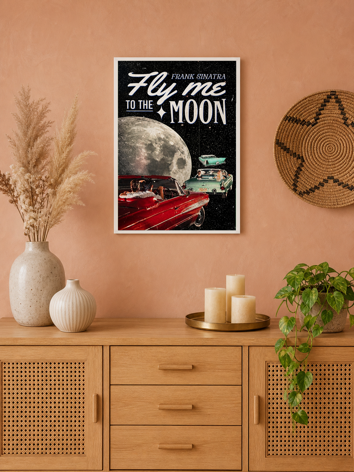 Fly Me To The Moon Retro Car Wall Art Print - white framed