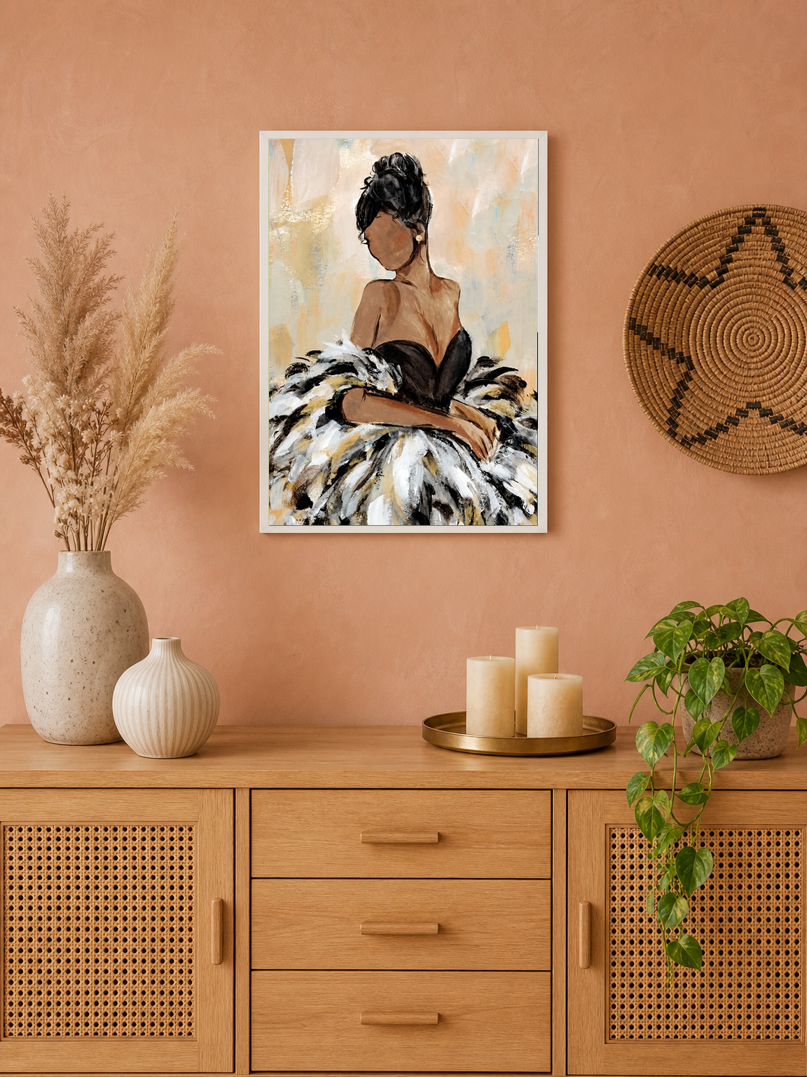 Elegant Feather Gown Fashion Wall Art Print - white framed