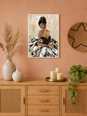 Elegant Feather Gown Fashion Wall Art Print - white framed