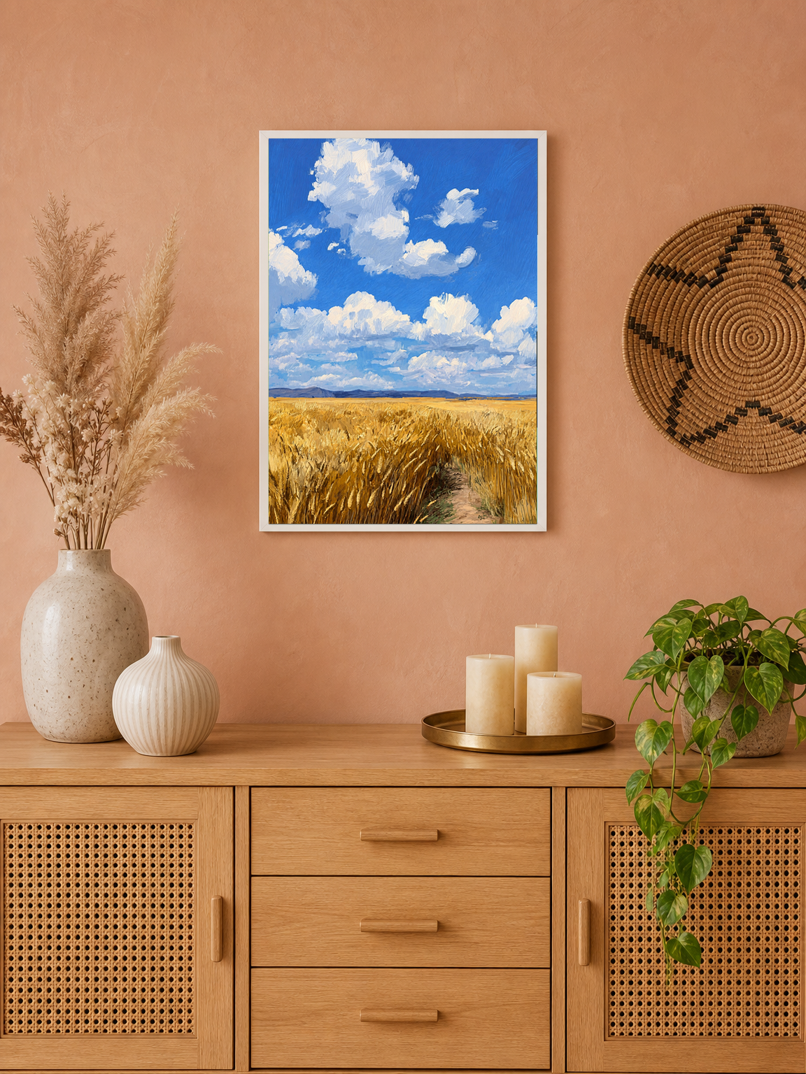 Golden Wheat Field Sky Landscape Wall Art Print - white framed