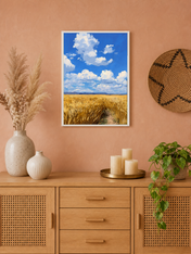 Golden Wheat Field Sky Landscape Wall Art Print - white framed