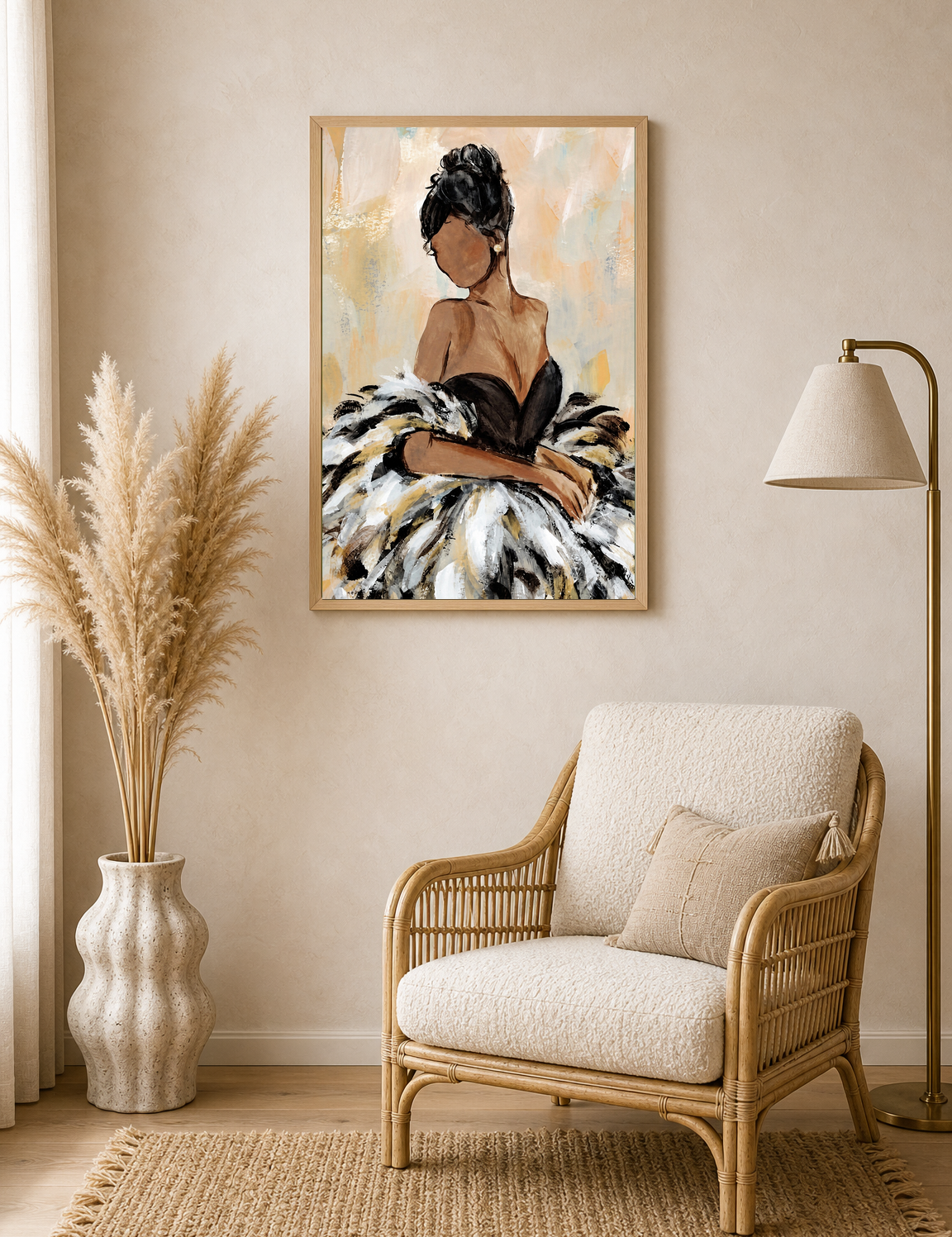 Elegant Feather Gown Fashion Wall Art Print - wood framed poster