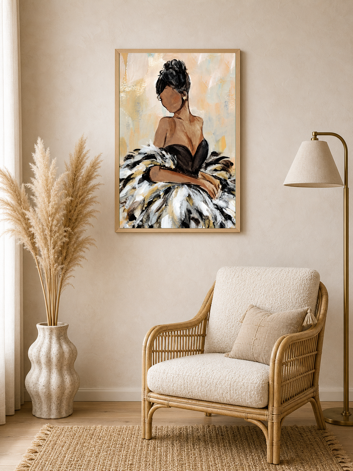 Elegant Feather Gown Fashion Wall Art Print - wood framed poster