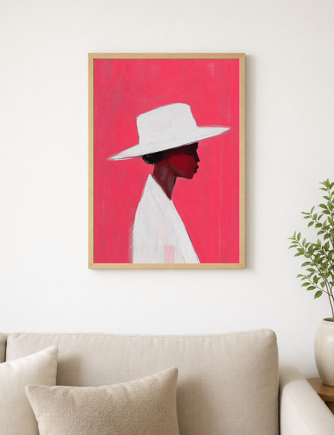 Minimalist Woman in White Hat Wall Art Print - wood framed poster