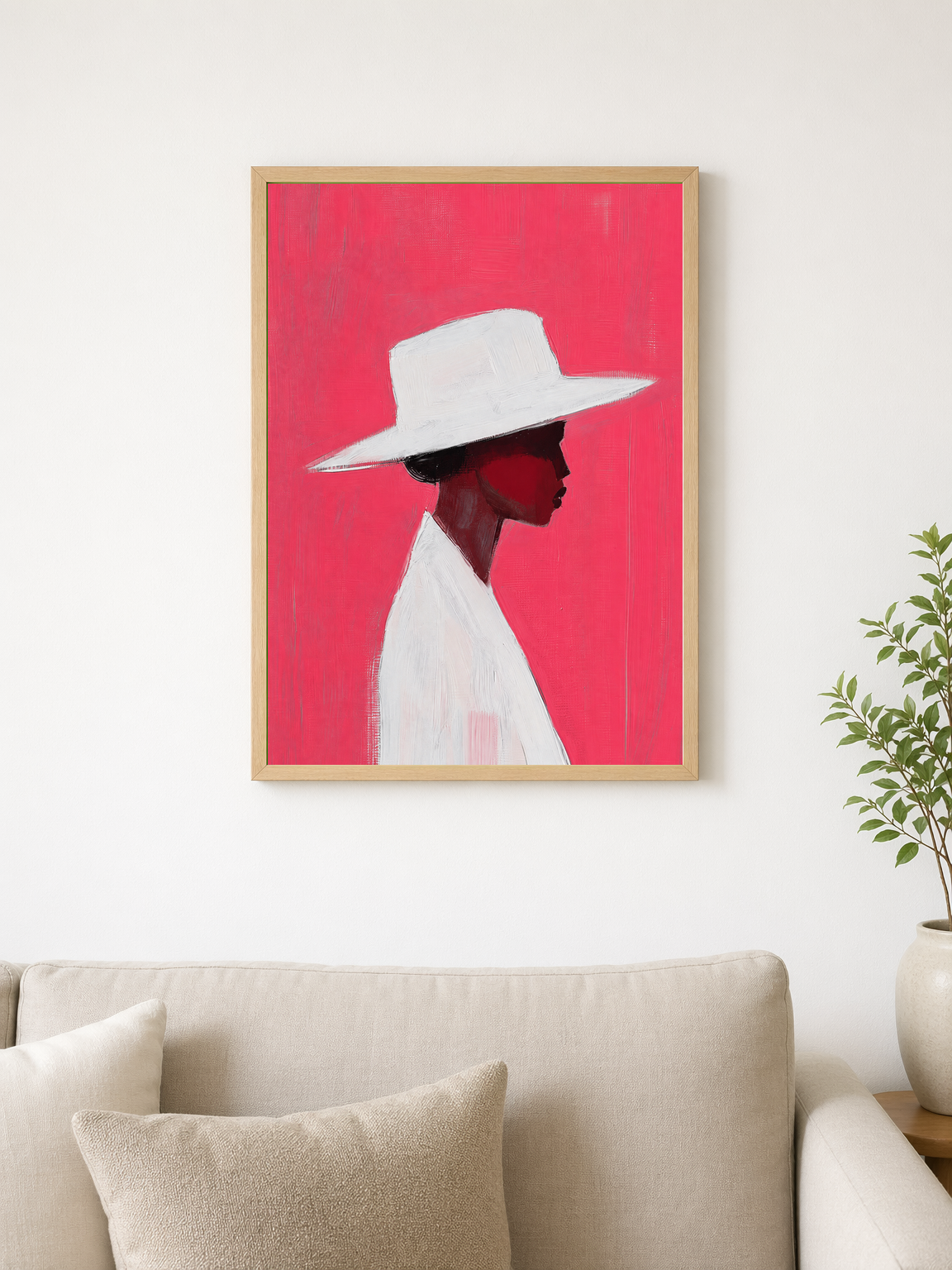 Minimalist Woman in White Hat Wall Art Print - wood framed poster