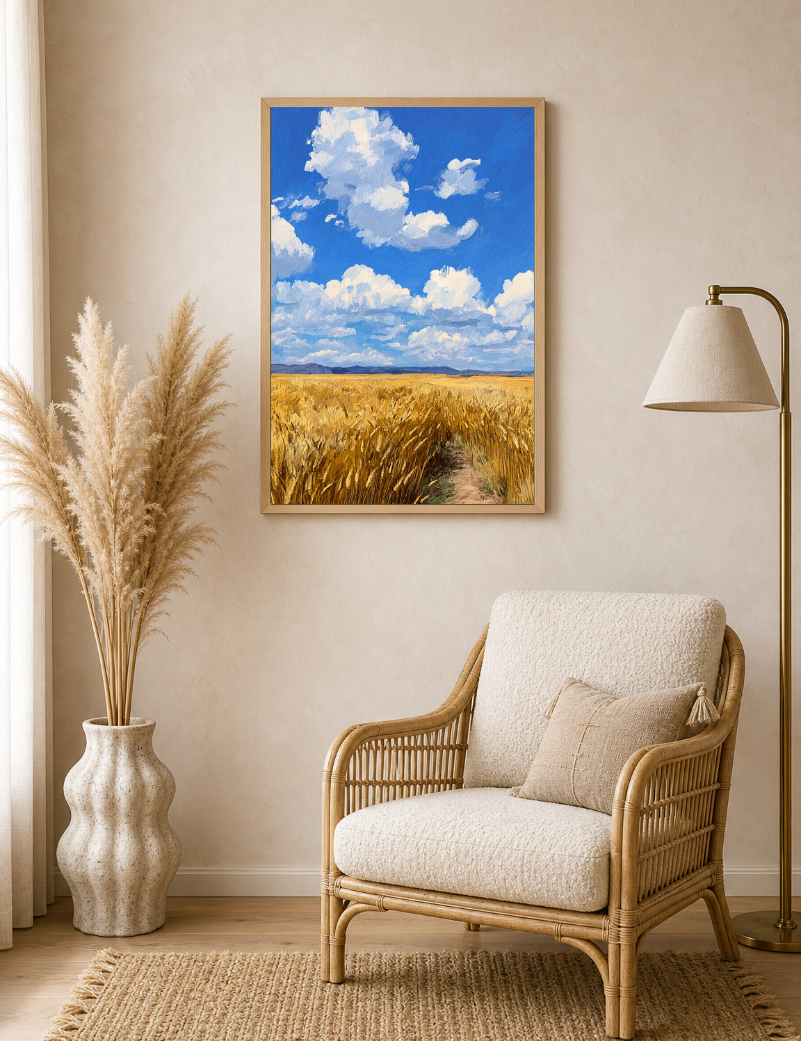 Golden Wheat Field Sky Landscape Wall Art Print - wood framed poster