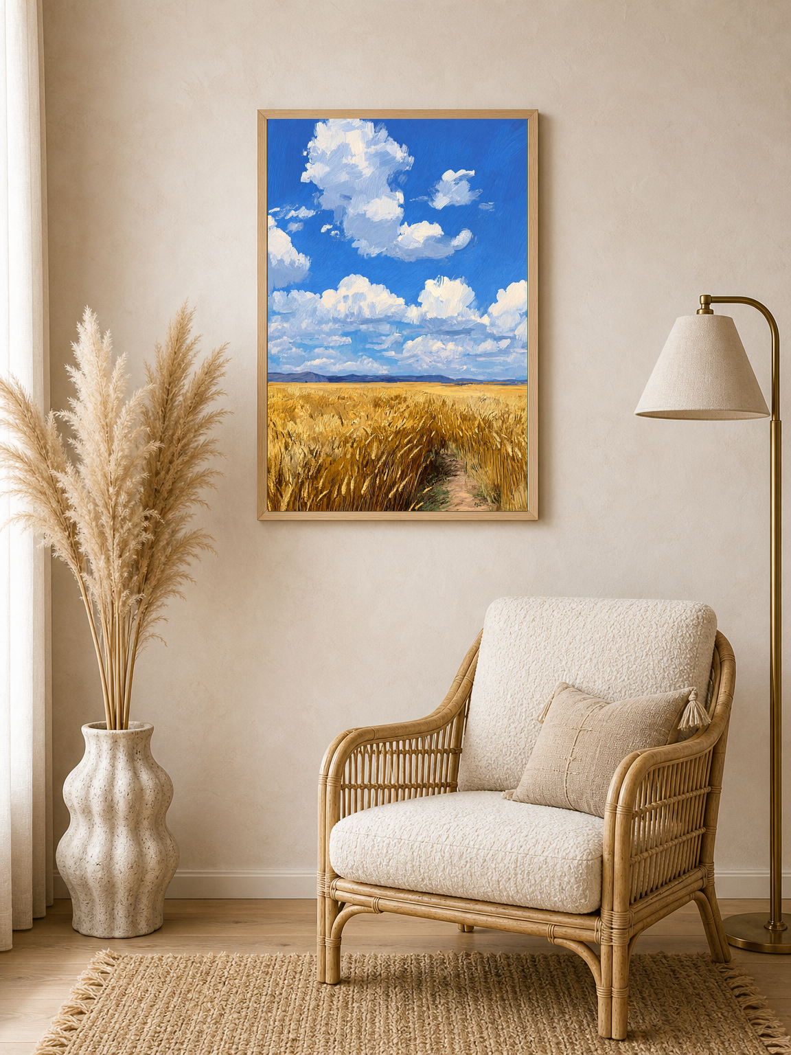 Golden Wheat Field Sky Landscape Wall Art Print - wood framed poster