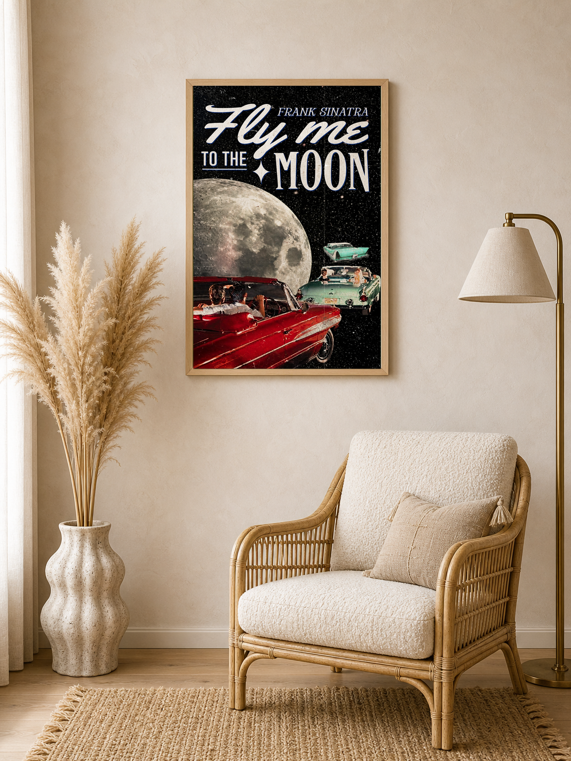 Fly Me To The Moon Retro Car Wall Art Print - wood framed poster