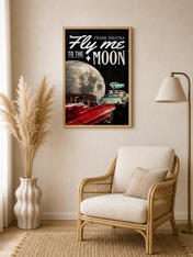 Fly Me To The Moon Retro Car Wall Art Print - wood framed poster