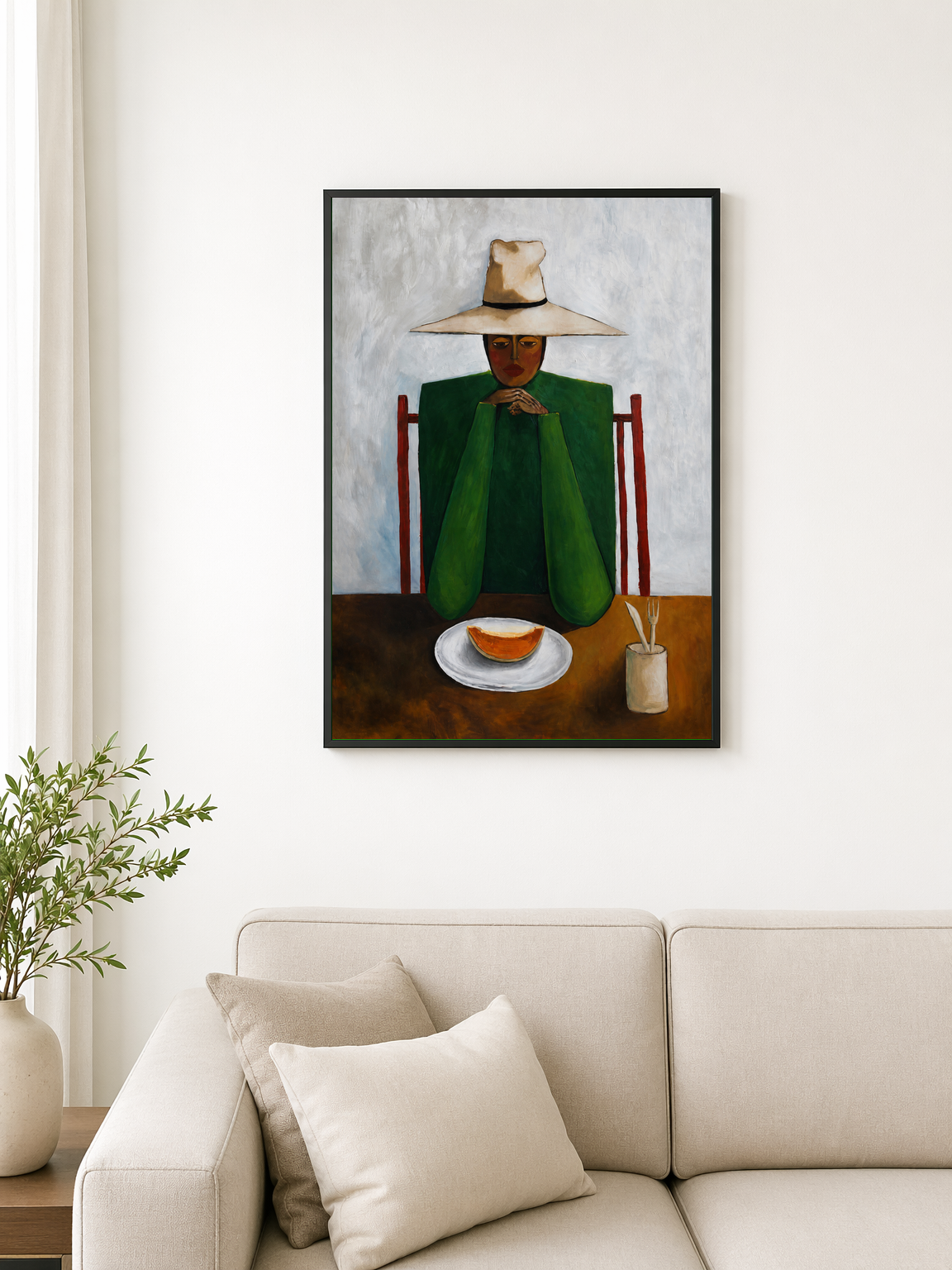 Minimalist Woman at Table Wall Art Print - black framed