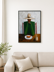 Minimalist Woman at Table Wall Art Print - black framed