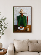 Minimalist Woman at Table Wall Art Print - dark wood framed