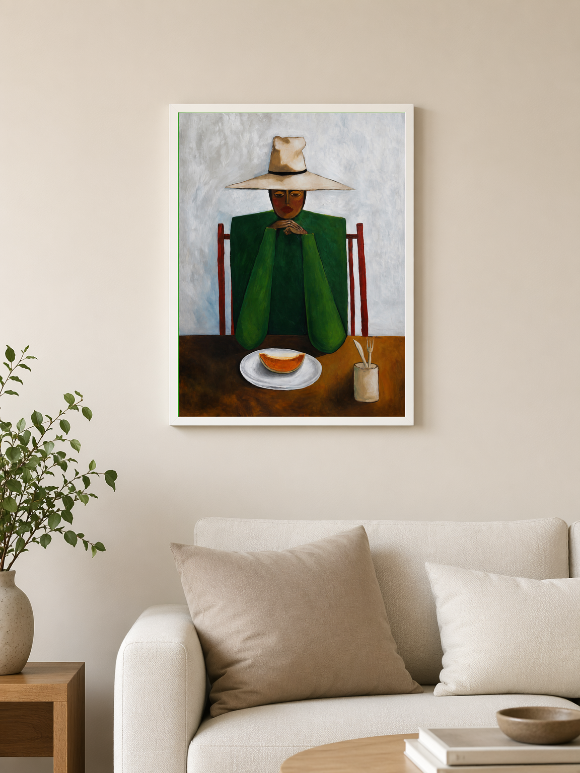 Minimalist Woman at Table Wall Art Print - white framed