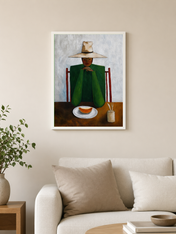 Minimalist Woman at Table Wall Art Print - white framed