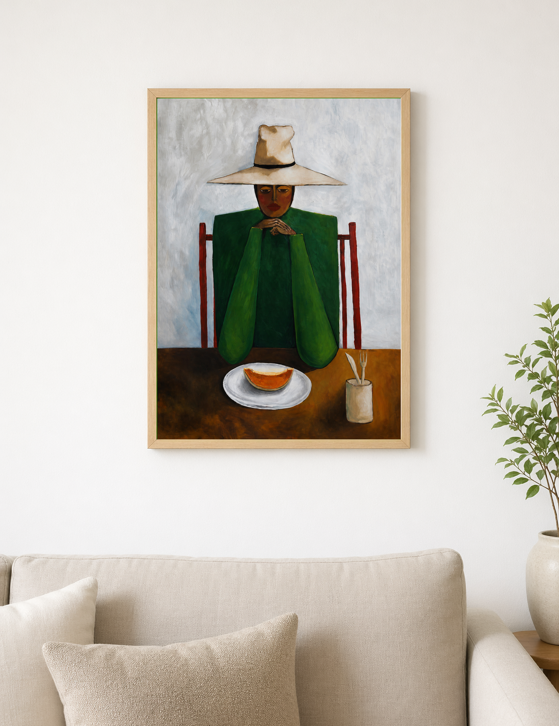 Minimalist Woman at Table Wall Art Print - wood framed poster