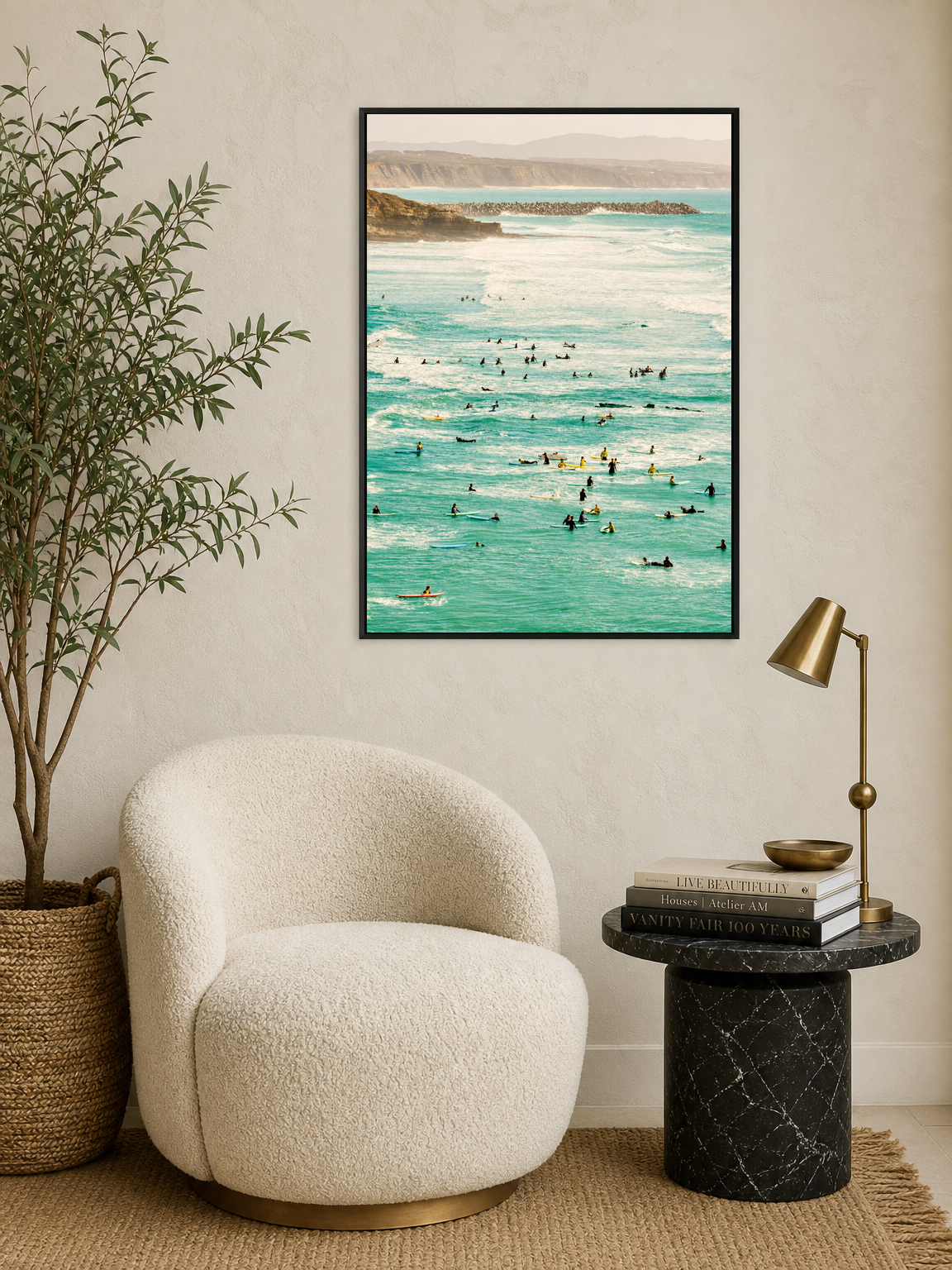 Surf Crowd Ocean Photography Wall Art Print - black framed