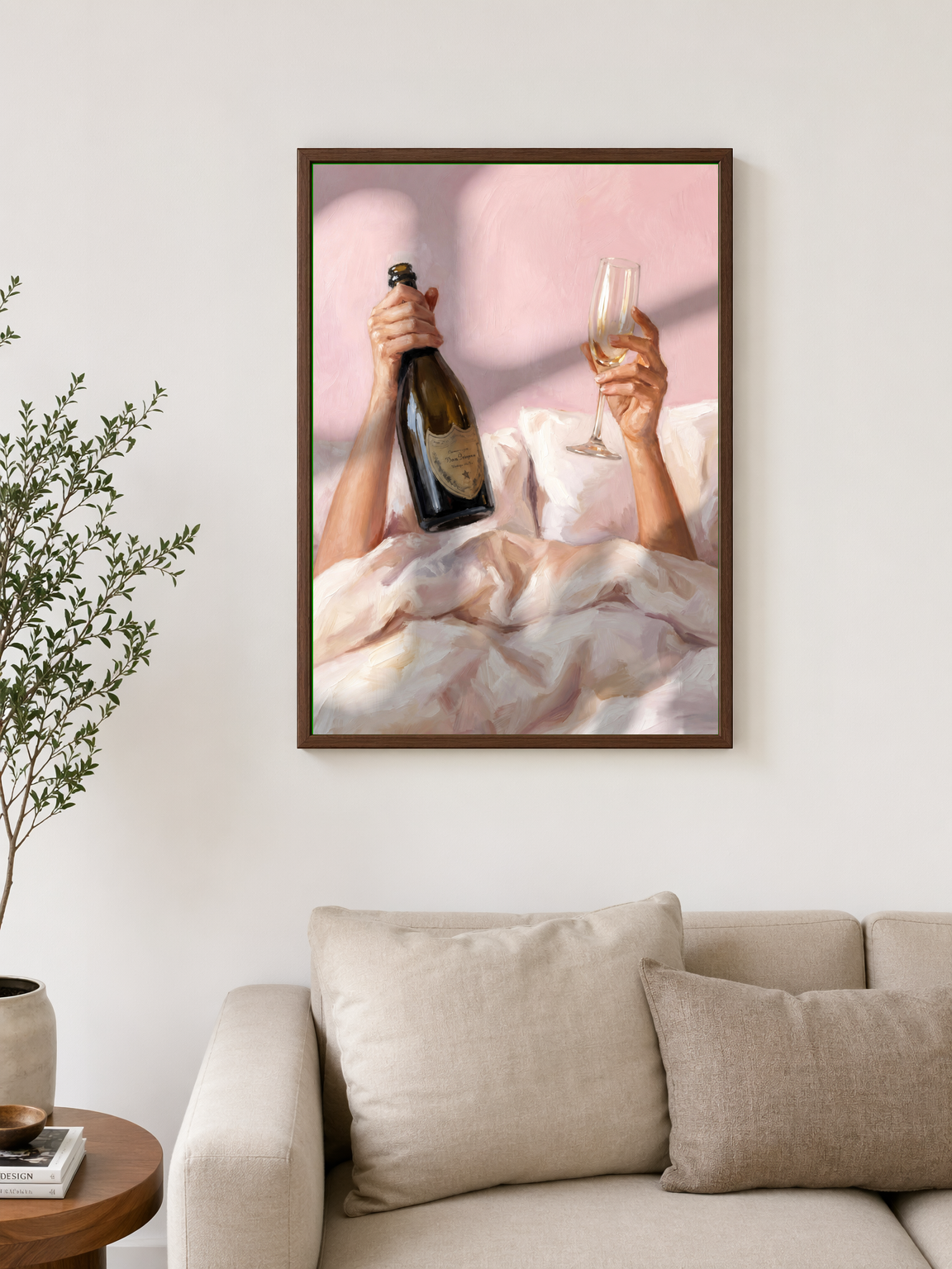 Champagne Morning Feminine Wall Art Print - dark wood framed