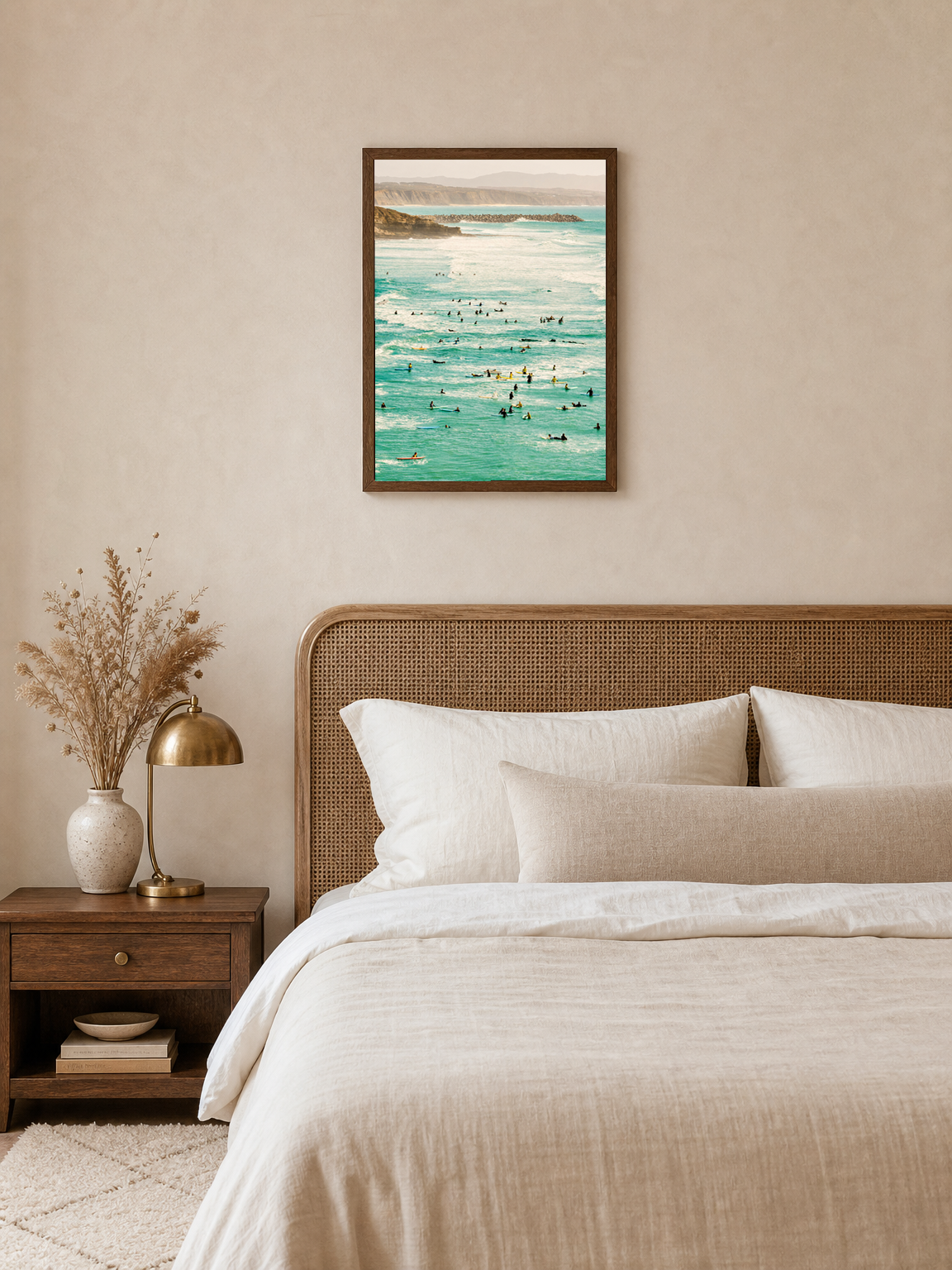 Surf Crowd Ocean Photography Wall Art Print - dark wood framed