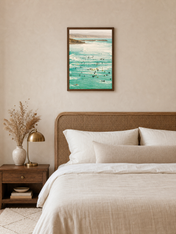 Surf Crowd Ocean Photography Wall Art Print - dark wood framed