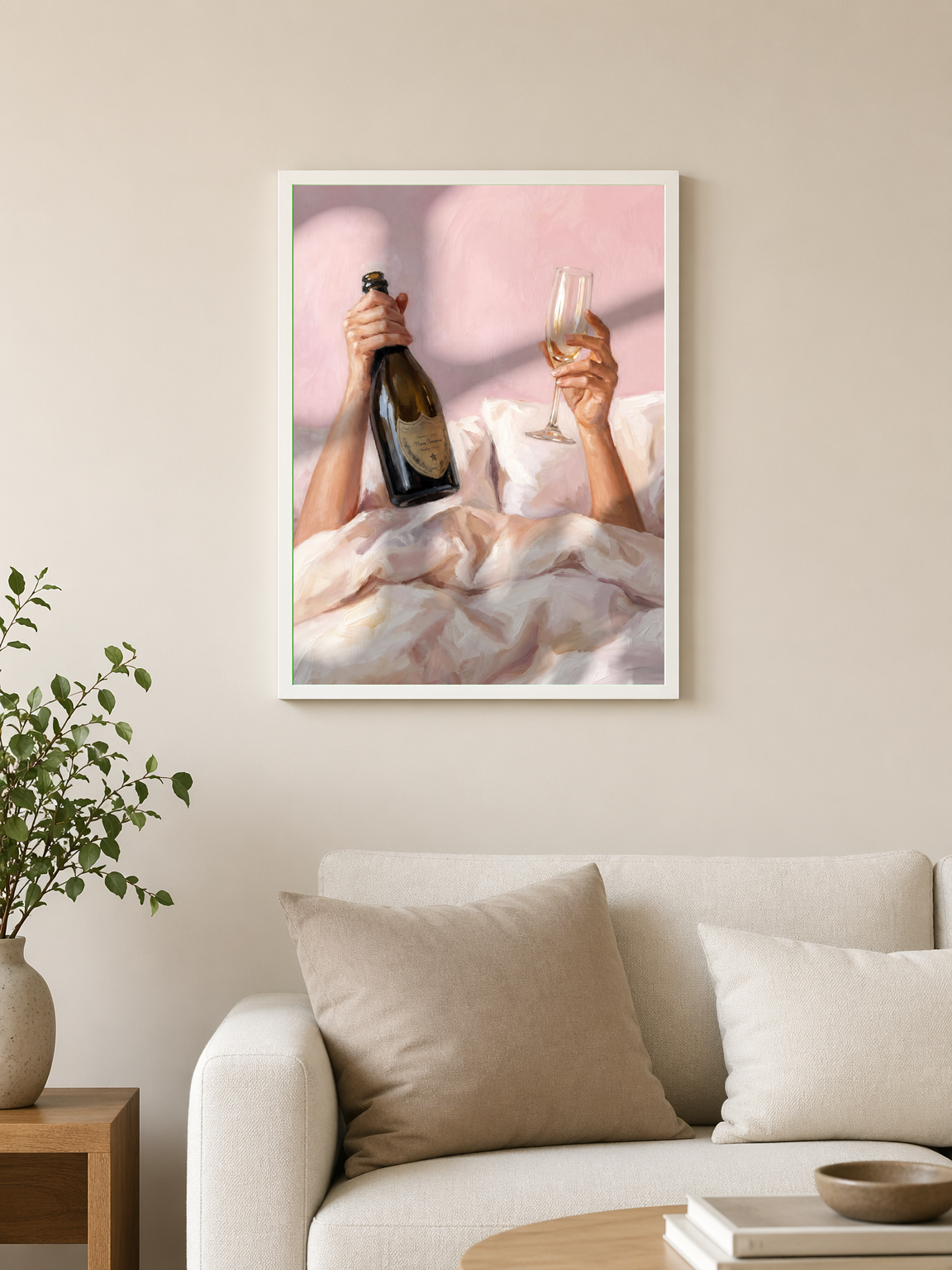 Champagne Morning Feminine Wall Art Print - white framed