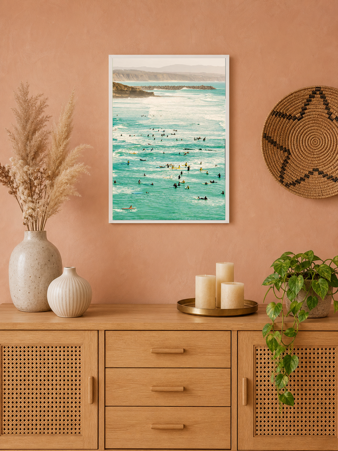 Surf Crowd Ocean Photography Wall Art Print - white framed