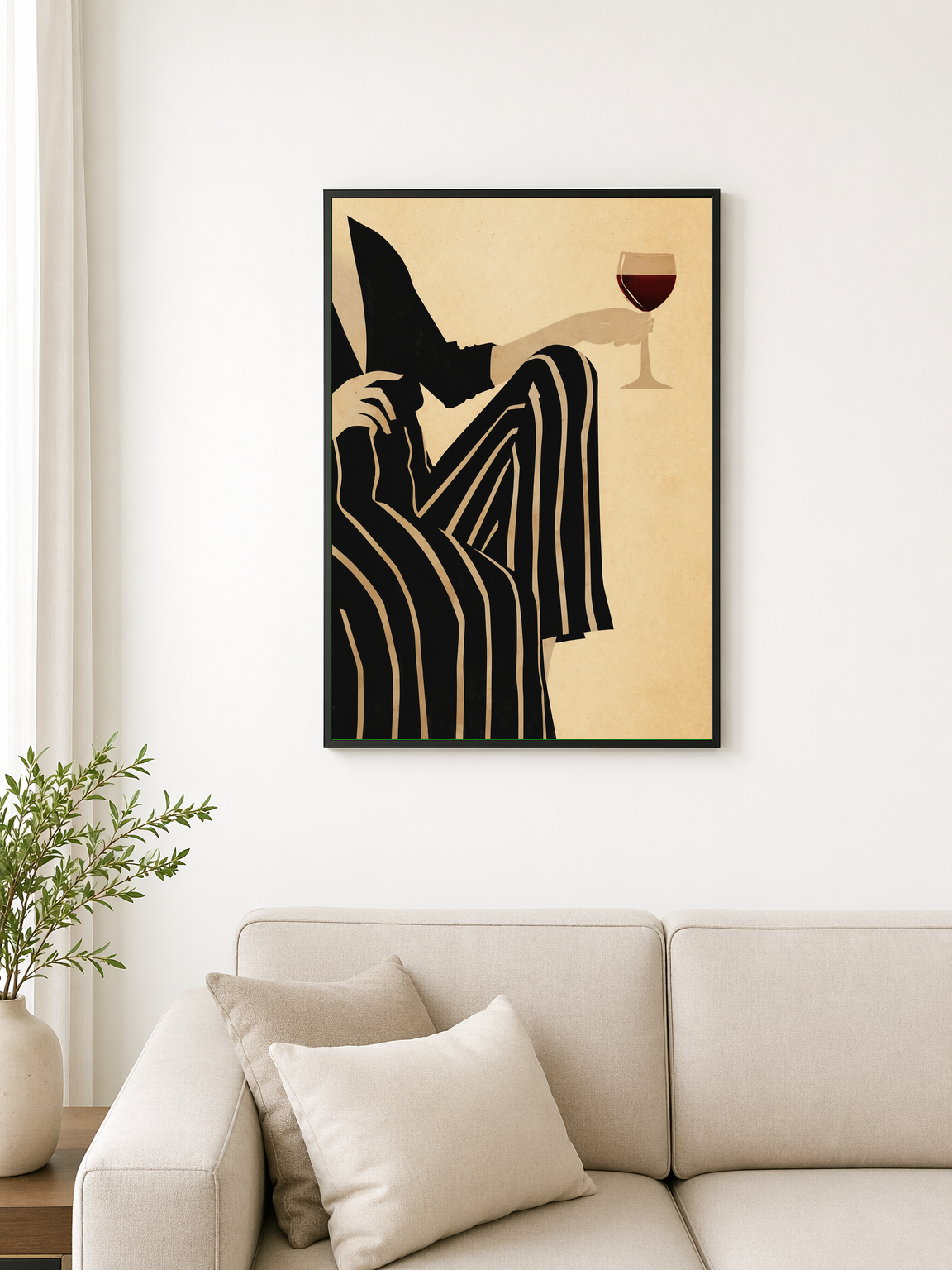 Striped Woman with Wine Modern Wall Art Print - black framed