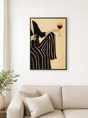 Striped Woman with Wine Modern Wall Art Print - black framed