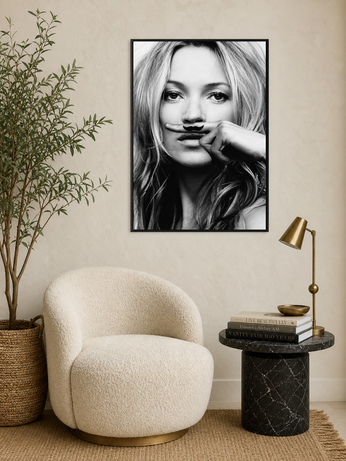 Playful Mustache Portrait Black & White Wall Art Print - black framed