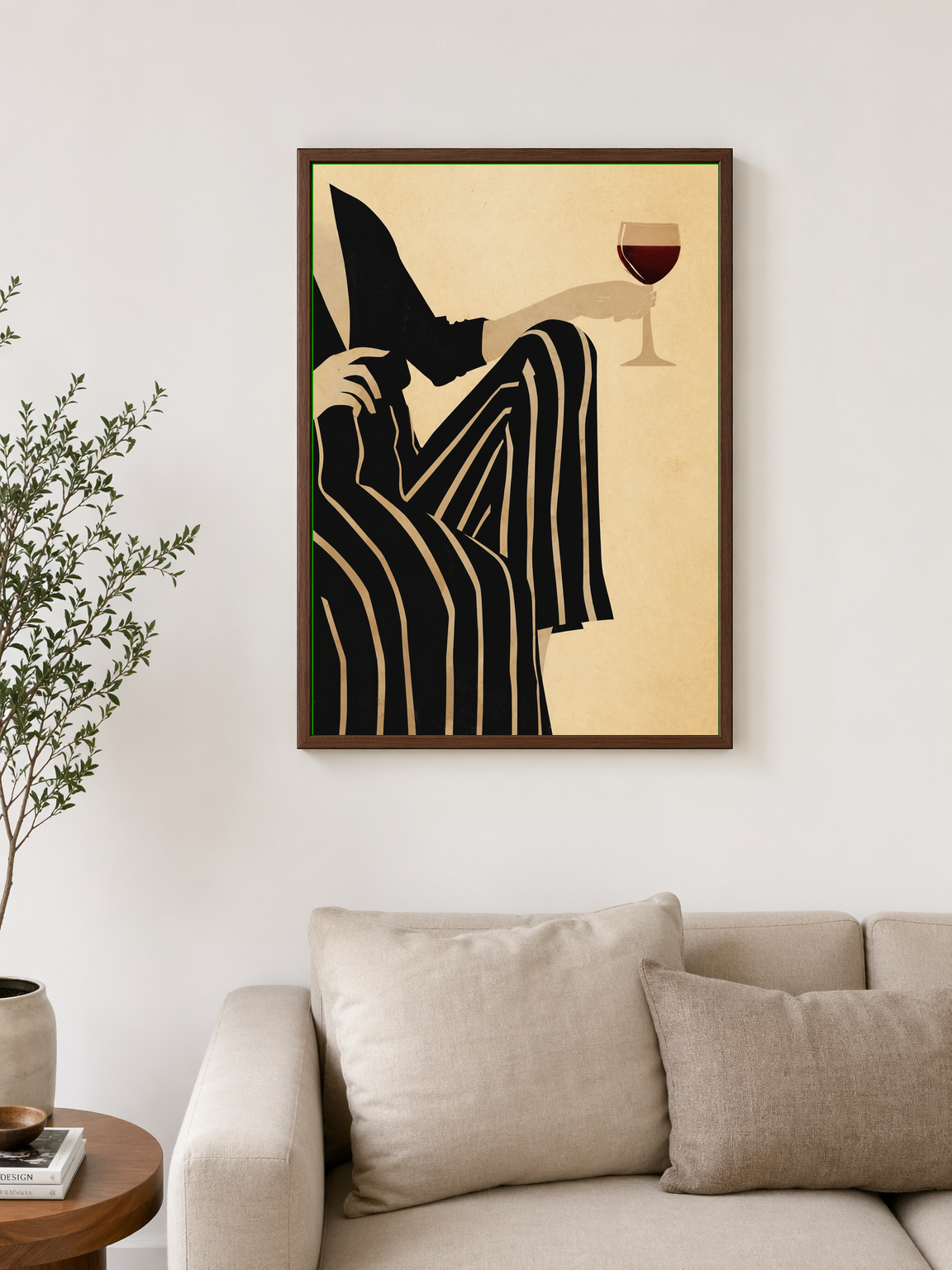 Striped Woman with Wine Modern Wall Art Print - dark wood framed