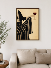 Striped Woman with Wine Modern Wall Art Print - dark wood framed